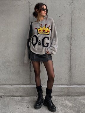 Crown Graphic Oversized Knit Sweater Y2K Indie Sleaze Streetwear